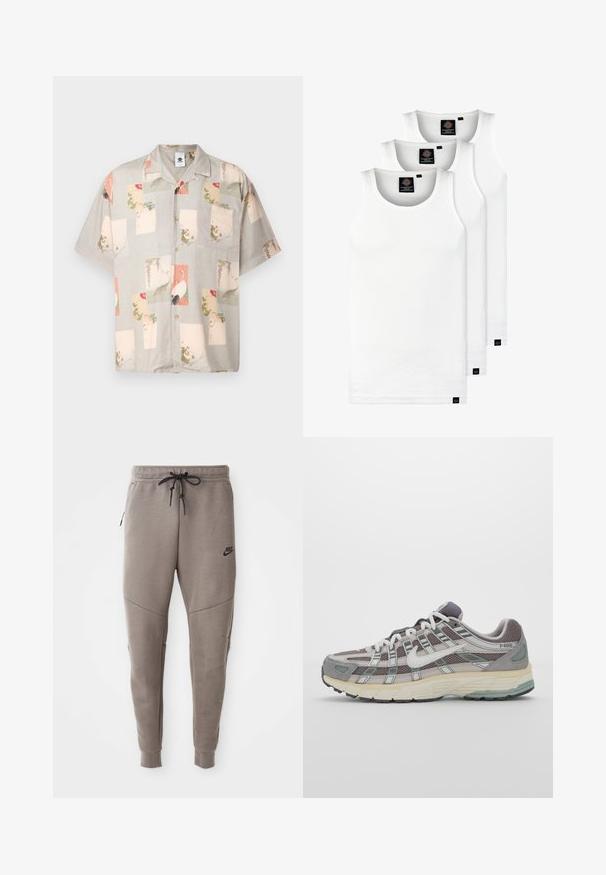Knappartröja med kort ärm i ljusgrått med färgglada tryckta paneler med blomsterdesign och fåglar. Har en bröstficka och mjuk textur.; Kolme valkoista ribbitekstiilistä toppia, jotka on valmistettu puuvillasta. Ominaisuuksiin kuuluu pyöreä pääntie ja pieni musta etiketti helman lähellä. Saatavilla useissa kooissa.; Harmaat Nike-juoksuhousut, joissa on kiristysnyöri vyötäröllä, kapeat lahkeet, sivutaskut ja erottuva sauman yksityiskohtaisuus. Pehmeä, tekstuuri kangas.; Harmaa urheilukenkä, jossa on verkko- ja mokkanahkainen yläosa, valkoiset yksityiskohdat, pehmustettu pohja ja erottuva muotoilu heijastavilla elementeillä.