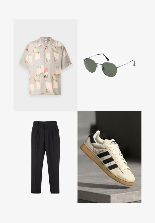 Cimdiņa krekls ar īsām piedurknēm gaiši pelēkā krāsā, ar krāsainām drukātām paneļiem, kuros ir ziedu motīvi un putni. Tam ir krūšu kabata un mīksta tekstūra.; Balts kokvilnas T-krekls ar īsām piedurknēm, apaļu kakla izgriezumu un brīvu piegriezumu. Gluda tekstūra bez redzamām rakstu vai akcentu detaļām.; Melni brīvie bikses ar krokotu priekšpusi, izgatavotas no gludas auduma. Iespējama poga aizdare un jostas cilpas; taisnu kāju forma.; Bežs zamšs sporta apavi ar trim tumši ziliem svītrām, baltām auklām un brūnu gumijas zoli. Uz mēles ir logo un teksts "CAMPUS".; Metāla rāmji saulesbrillēm ar ovālām zaļām lēcām. Tievs sudraba metal rāmji un melni ausu spilventiņi. Minimalistiska dizaina, bez redzamām apzīmējumiem.