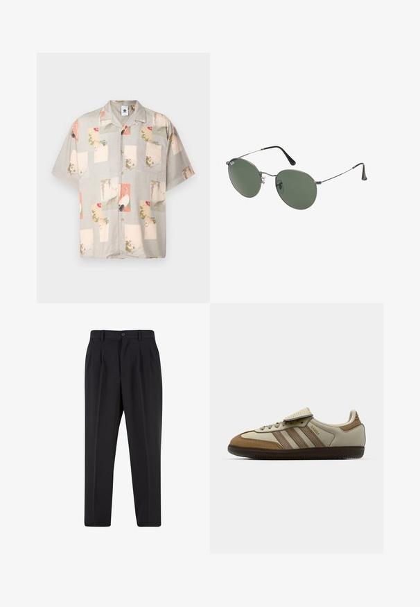 Cămașă cu mânecă scurtă, de culoare gri deschis, cu panouri imprimate colorat, având modele florale și păsări. Dispune de un buzunar la piept și o textură moale.; Tricou alb din bumbac, cu mâneci scurte, guler rotund și o croială lejeră. Textură netedă, fără modele sau accente vizibile.; Pantaloni negri cu un design față plisată, fabricați dintr-un material neted. Prezintă un închidere cu nasture și brâuri; croială dreptă.; Încălțăminte sportivă maro și crem cu trei dungi bej, din suede și piele, cu șireturi și talpă din cauciuc. Logo din text pe lateral.; Ochelari de soare cu ramă metalică, dotati cu lentile ovale verzi. Ramă subțire din metal argintiu și ușițe negre. Design minimalist, fără logo-uri vizibile.