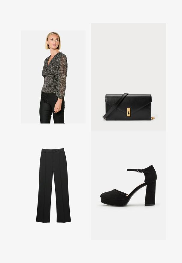 Czarna i beżowa bluzka w panterkę z długimi, przezroczystymi rękawami oraz dekoltem w kształcie litery V, z marszczonym paskiem w talii, tworzącym dopasowaną sylwetkę.; Czarne spodnie o prostych nogawkach wykonane z gładkiej tkaniny, z płaskim przodem, szlufkami na pasek oraz bez widocznych kieszeni, o dopasowanym kroju.; Czarne zamszowe szpilki na platformie z grubym słupkowym obcasem, zaokrąglonym noskiem i paskiem wokół kostki zabezpieczonym metalowym klamrem. Gładka faktura na całej powierzchni.; Czarny skórzany portfel z klapą, złotą okuciami, z akcentem logo. Zawiera odpinany pasek do noszenia.