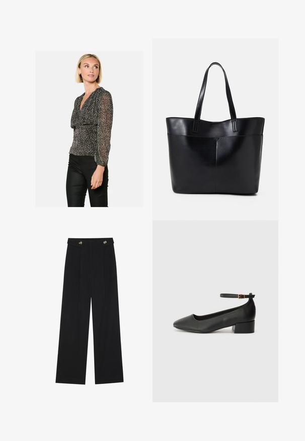 Black and beige leopard print blouse with long, sheer sleeves and a V-neckline, featuring a gathered waist for a fitted silhouette.; Black wide-leg trousers with high waist, button details on waistband, and front pleats.; Black leather pump with a pointed toe and a low block heel. Features an ankle strap with a gold-tone buckle. Smooth texture.; Black leather tote bag with two long handles, a smooth texture, and a structured shape. Features a front pocket for additional storage.