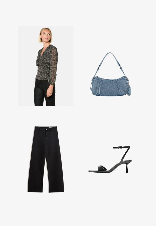 Zwarte en beige luipaardprint blouse met lange, transparante mouwen en een V-hals, met een geraffineerde taille voor een aansluitende silhoutte.; Zwarte denim broek met wijde pijpen en een hoge taille, voorzien van voor- en achterzakken, gestikte naden en een knoopsluiting. Gladde textuur.; Bershka Sandalen met hoge hak - black; Denim handtas met een gebogen vorm, lichtblauwe kleur, verstelbare schouderriem en een kleine afneembare pouch met metallic accenten.