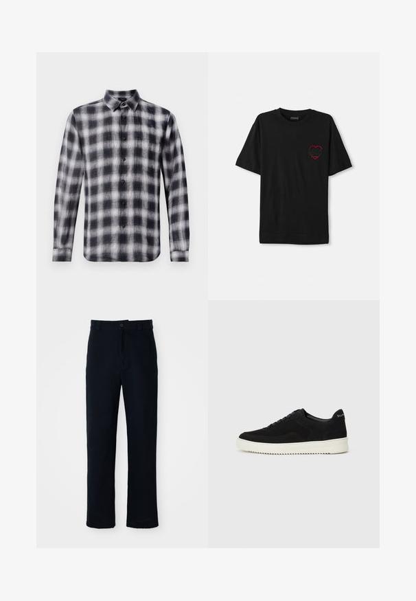 Checkered shirt in black and white, long sleeves, collared, made of lightweight fabric with a soft texture, featuring black buttons.; Black cotton t-shirt with short sleeves, featuring a red embroidered heart design on the left chest. Classic crew neckline, relaxed fit.; Navy blue trousers made of cotton, featuring a straight-leg design, a front button closure, and classic waistband with belt loops.; Black suede sneaker with lace-up design and contrasting white rubber sole. Features textured side panels and subtle branding on the heel.