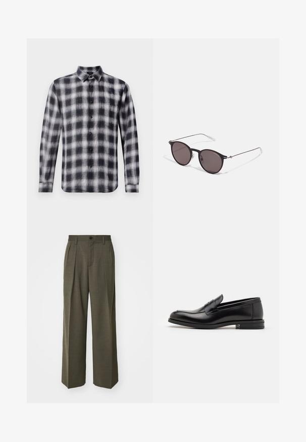 Musta-valge ruuduline särk, pika varrukaga, kraega, kergest kangast pehme tekstuuriga, millel on mustad nööbid.; Must must T-särk, millel on ümmargune kaelus, lühikesed варст и väljend "EMPORIO ARMANI" valgete tähtedega, mille all on kõveras kujunduses sõna "Milano".; Filippa K WIDE TROUSERS - Püksid - driftwood; Mustad mustad nahast loafers sileda tekstuuriga, ümarat ninaosa ja dekoratiivne riba vampi üle. Madal kihiline konts, minimalistlik disain.; Mustad mustad prillid tumedate läätsedega ja õhukeste metallist käepidemetega. Kaarja kujuga seljaosa ja hõbedased aktsendid hingel. Minimalistlik disain.