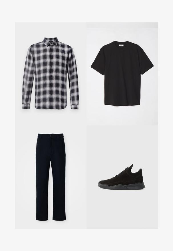 Juostuota marškiniai juoda ir balta, ilgomis rankovėmis, su apykakle, pagaminti iš lengvos medžiagos su minkšta tekstūra, turintys juodus mygtukus.; Juodas medvilninis marškinėlis su apvaliu kaklu, trumpomis rankovėmis ir laisvu siluetu. Paprastas dizainas, lygus paviršius ir be matomų raštų ar logotipų.; Tamsiai mėlynos medvilninės kelnės, turinčios tiesioginį kirpimą, priekyje užsegamos mygtuku ir klasikine juosta su dirželio kilpom.; Juodos suedes sportiniai bateliai su žemu profiliu, tekstūruotu paviršiumi, plokščiomis raištelėmis ir tvirtu guminiu padu, turinčiu šiek tiek pakilimą ir išlenktą dizainą.