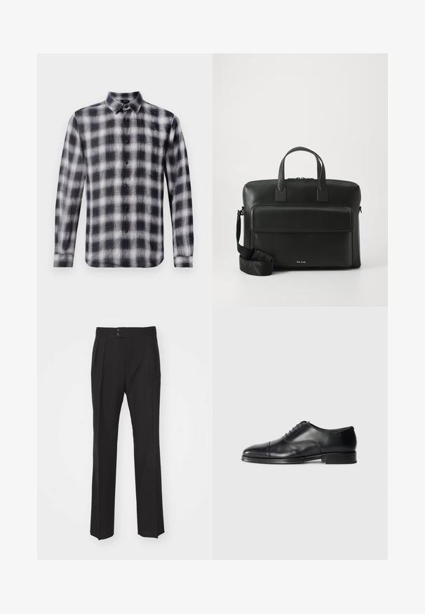 Ruudullinen paita mustavalkoisena, pitkät hihat, kauluksellinen, valmistettu kevyestä kankaasta, joka on pehmeä tekstuuriltaan, mustilla napilla varustettu.; Musta räätälöityjen housujen suora lahjamuoto, jossa on kaksi etutaskua ja kaksipainon suljin vyötäröllä. Sileä kangas.; Musta nahkakenkä pyöreällä kärjellä, sileällä pinnalla, nauhalla suljettuna, ja hienovaraisella sauman yksityiskohdalla, jossa on matala, tasapohjainen korko.; Musta nahkainen salkku, jossa on kaksinkertaiset yläpitäjät, etutasku ja irrotettava hihna, ja jossa on huomaamaton merkintä pohjassa.