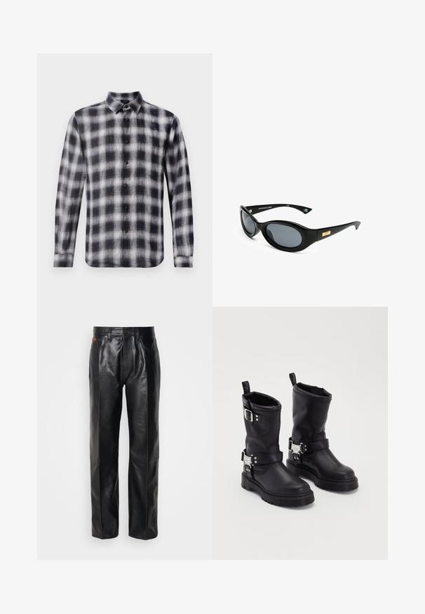 Geverfde blouse in zwart-wit, met lange mouwen, een kraag, gemaakt van lichtgewicht stof met een zachte textuur, voorzien van zwarte knopen.; Zwarte leren broek met een rechte pijpdesign. Kenmerken zijn een knoopsluiting en voorkANTZAKKEN, met een gladde textuur en minimale stiksels.; Zwarte leren enkellaarzen met een stevige zool, voorzien van een zijgesp en decoratieve hardware. Glad textuur met een trekhaak.; Zwarte zonnebril met ovale lenzen, matte montuur en een gouden accent op de sleutels. Donkergrijze lenzen bieden UV-bescherming.