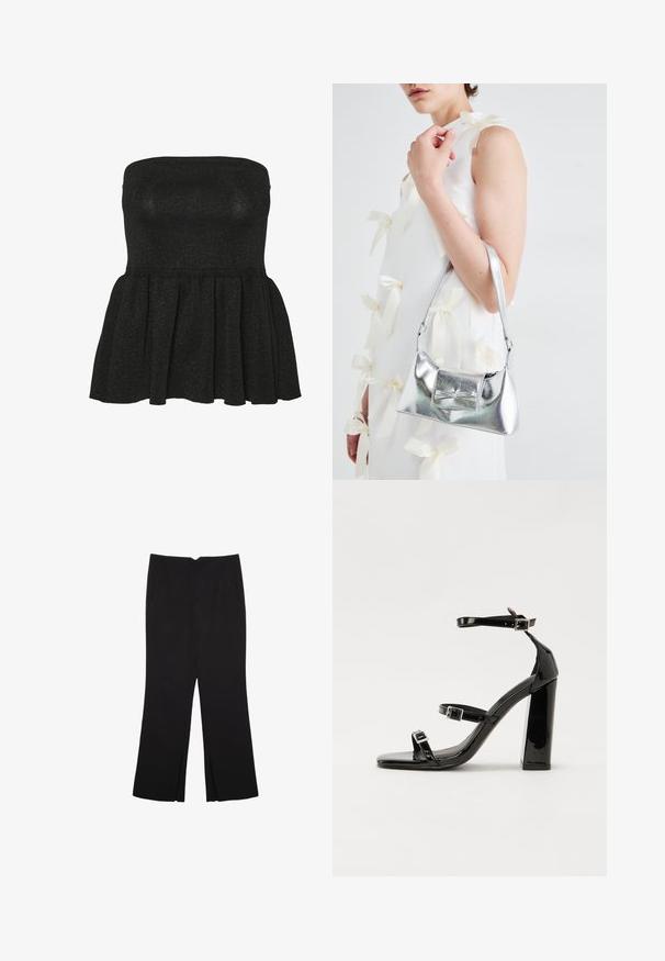 Crna strapless peplum majica izrađena od teksturirane pletene tkanine, s uskim korzetom i raširenim rubom s suptilnim sjajnim učinkom.; Crne hlače ravnog kroja, s prednjim džepovima i bočnim prorezima na rubu. Izrađene od mekog i glatkog materijala. Pogodne za razne prigode.; Crne lakirane sandale na pete sa kvadratnim nosom, trakama oko gležnja i srebrnim kopčama. Imaju čvrst blok petu za stabilnost.; Srebrna metalik torbica sa strukturiranim oblikom, s gornjom drškom i detaljem mašne sprijeda. Glatka tekstura, reflektirajući finiš.