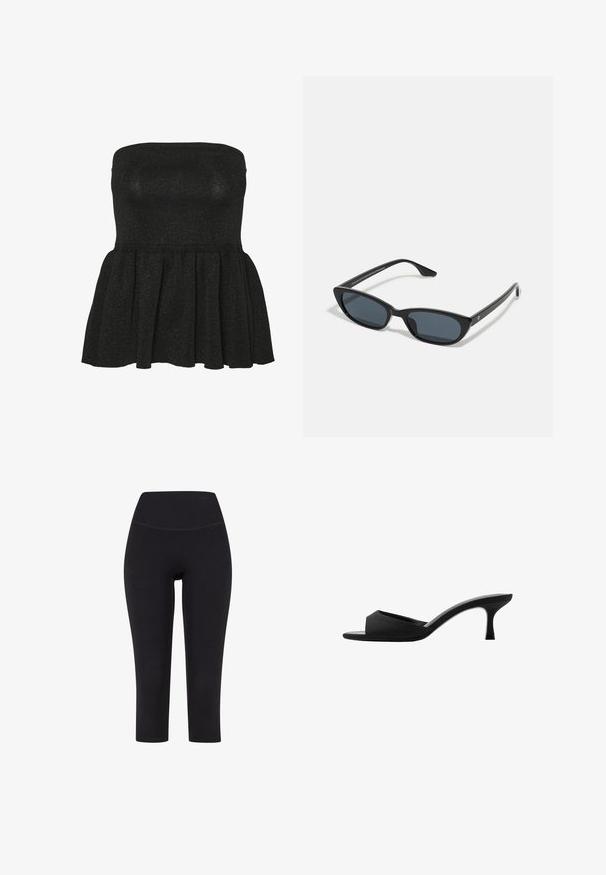 Črn brezramni peplum top, izdelan iz teksturirane pletene tkanine, ki se ponaša s prilegajočim zgornjim delom in razširjenim robom z diskretnim sijajem.; Črne legice do tri četrtine, izdelane iz elastičnega materiala, z visokim pasom in brez vidnih vzorcev ali dodatkov.; Črne natikače na peto z širokim, odprtim prstom in ukrivljenim zgornjim delom. Narejene iz teksturiranega materiala, imajo vitko peto in gladko podplat.; Črne mačkaste sončne očala z temnimi lečami, plastičnim okvirjem, ozkimi stebli ter diskretnim logotipom na notranji strani ročaja. Mat zaključna tekstura.; Srebrni uhani iz kovine z gladko, zaobljeno obliko v solzici in polirano površino, opremljeni z zatičem na hrbtni strani za varno nošenje.
