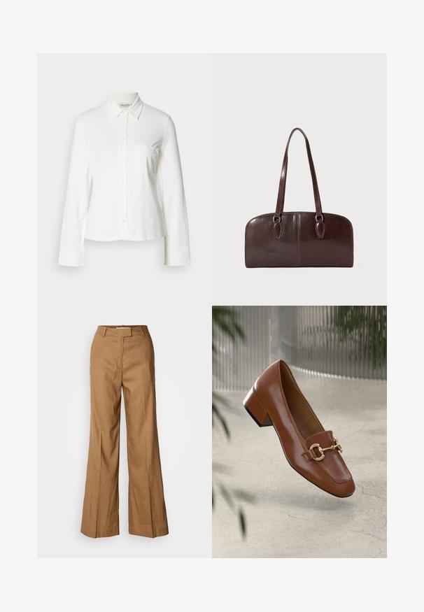 White long-sleeve button-up shirt with a pointed collar, front chest pocket, and cuffed sleeves, displayed on a plain background.; Brown wide-leg pants made of lightweight fabric. Features a flat front, belt loops, and a tailored silhouette with an ankle-length cut.; Brown patent leather loafer with square toe, metallic chain accent, and low block heel; smooth texture, minimalist design.; Brown leather handbag with two long handles, a structured rectangular shape, smooth texture, and rounded edges. Features accent details at the handles.