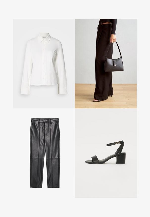 Chemise blanche à manches longues avec un col pointu, une poche poitrine à l'avant et des manches à poignets, affichée sur un fond uni.; Pantalons en cuir noir avec une texture lisse, présentant une coupe droite, deux poches avant et des coutures visibles.; Sandale à talons noirs avec un dessus en cuir lisse, une ouverture à l'avant, de larges brides avant et une bride de cheville ajustable avec une boucle dorée.; Sac à main noir à la forme structurée, texture lisse et fermoir métallique. Associé à un pantalon noir ample et des sandales ouvertes sur un sol en bois.