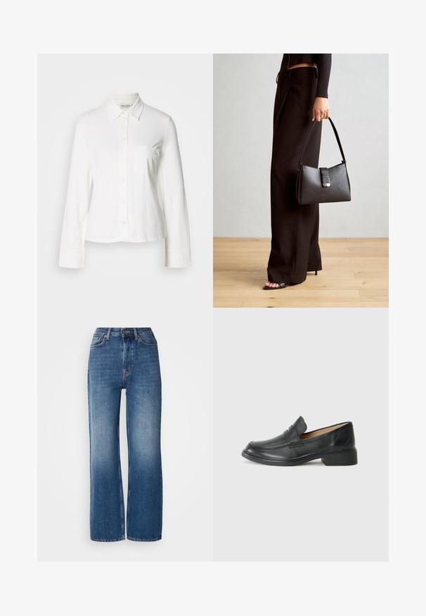 Witte long-sleeve button-up shirt met een puntige kraag, voorzak en manchet mouwen, weergegeven op een effen achtergrond.; Hoge taille, wijde blauwe denim jeans met een gradient wassing, koperen stiksels, een knoopsluiting aan de voorkant en vijf zakken.; Zwarte leren instapper met een lage hak, met een gestikt ontwerp en slip-on stijl, tegen een effen witte achtergrond.; Zwarte handtas met gestructureerde vorm, gladde textuur en een metalen sluiting. Gecombineerd met brede zwarte broeken en sandalen met open teen op een houten vloer.