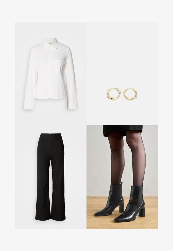 Weißes Langarm-Hemd mit Knöpfen und spitzem Kragen, Brusttasche und geknöpften Ärmeln, auf einem schlichten Hintergrund präsentiert.; Schwarze weit geschnittene Hosen mit glatter Textur, hoher Taille und klarem Design. Keine sichtbaren Taschen oder Verzierungen.; Schwarze Leder-Ankle-Boots mit spitzer Zehenform, klobigem quadratischem Absatz und schlankem Design. Verfügt über elastische seitliche Einsätze für leichtes An- und Ausziehen.; Goldene Creolen mit einer strukturierten, unregelmäßigen Form. Sie verfügen über einen nahtlosen Verschluss und eine polierte Oberflächenbehandlung, die ein modernes Design betont.