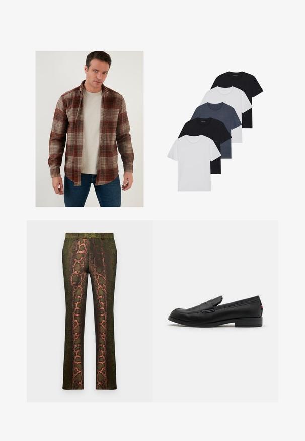 Camicia a scacchi in tonalità rosso, marrone e beige con bottoni e maniche lunghe, indossata sopra una maglietta grigia chiara.; Set di cinque t-shirt in nero, bianco e blu navy. Tessuto di cotone, maniche corte, design a collo rotondo e texture semplice senza motivi.; Pantaloni verdi a fantasia con motivo a pelle di serpente in tonalità di marrone e arancione, taglio dritto e texture liscia.; Mocassini in pelle nera con finitura liscia, punta arrotondata e una piccola pattina decorativa. Presentano un tacco basso e impilato e un sottile dettaglio di branding.