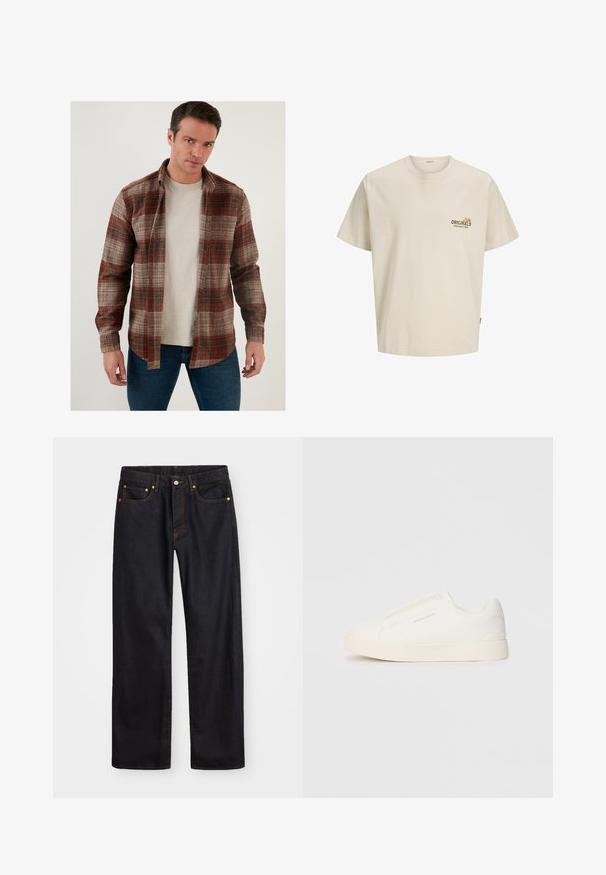 Geruite flanellen overhemd in rood, bruin en beige tinten met knoopsluiting aan de voorkant en lange mouwen, gedragen over een lichtgrijs t-shirt.; Lichtbeige katoenen T-shirt met korte mouwen, ronde halslijn en een bedrukte logo met de tekst "ORIGINALS ESTABLISHED IN 1900" op de borst.; Heren straight-leg zwarte denim jeans met vijf zakken en oranje stiksels, knoop- en ritssluiting op de voorkant van de tailleband.; Witte instap sneakers met een gestructureerd oppervlak, een dikke zool en een minimalistisch ontwerp. Bevat het merklogo aan de zijkant.