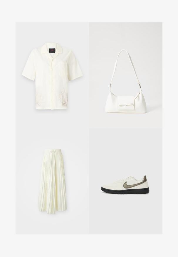 Kratki rukavi, košulja na dugme od kremastog materijala s džepom na prsima i svijetlim izvezenim cvjetnim uzorcima blizu rubova. Mekan materijal.; Plisirana midi suknja od svijetložutog materijala, s elastičnom strukom i mašnom, glatke teksture i vertikalnim prugama za dodatni detalj.; Nike Sportswear FIELD GENERAL - Tenisice - off-white/black; Bijela sintetička torbica s trokutastim oblikom, ravnim prednjim poklopcem i detaljem u obliku mašne, podesivom remenom, glatkom teksturom i minimalističkim dizajnom.