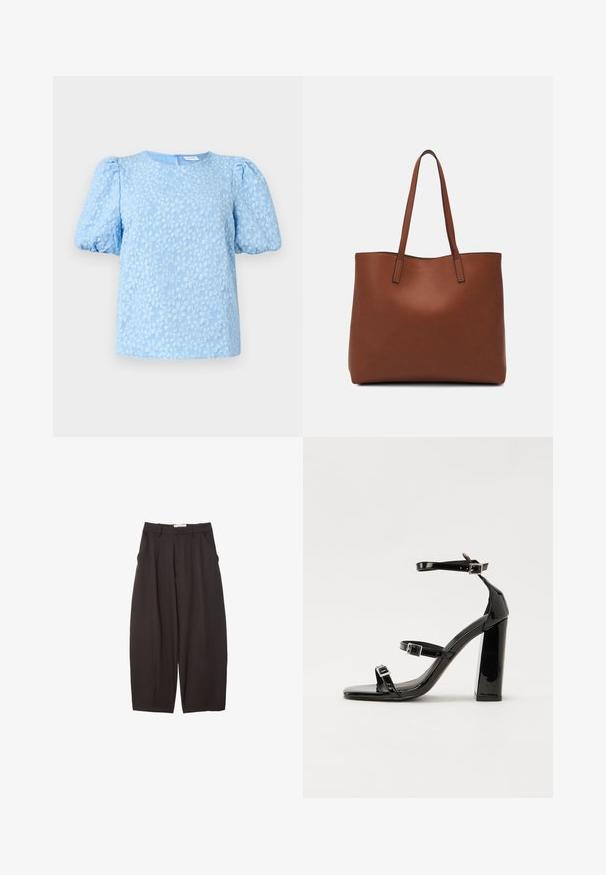 Svetlomodrá blúzka s krátkym rukávom, ktorá má textúrovaný kvetinový výšivkový vzor, okrúhly výstrih a objemné balónové rukávy. Zapínanie na zips na chrbte.; Čierne široké nohavice vyrobené z hladkej tkaniny, s vysokým pásom, prednými skladmi a bočnými vreckami. Jednoduchý dizajn bez ozdôb.; Čierne lakované sandále na podpätku so štvorcovou špičkou, navlečenými remienkami okolo členku a striebornými prackami. Disponujú masívnym blokovým podpätkom pre stabilitu.; Hnedá kožená taška na rameno s hladkou textúrou, otvoreným vrchom a dvoma ramenými popruhmi. Má minimálne šitia a žiadne viditeľné kovania.