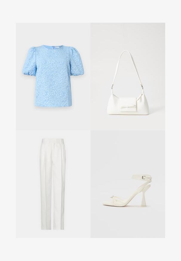 Svetlo modra bluzica s kratkimi rokavi, ki prikazuje teksturiran cvetlični vezenin, okroglo izrezana in z obsežnimi pufastimi rokavi. Zadrga na hrbtni strani.; Bela hlače s črtastim vzorcem in ravnim krojem, izdelane iz lahkega materiala. Imajo naborke spredaj in tradicionalen pas.; Sandal z visoko peto z naramnicami v beli usnjeni izvedbi s popolnim dizajnom, prozorno blok peto in dekorativnim elementom na prstih.; Bela sintetična torbica v obliki trikotnika, z ravnim sprednjim poklopcem in detajlom mašne, nastavljivim trakom, gladko teksturo in minimalističnim dizajnom.