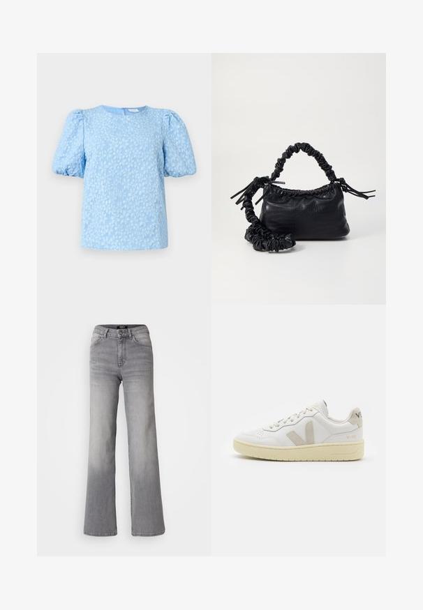 Lyseblå kortermet bluse med et teksturert blomstermønster, rund halslinning og voluminøse puffermer. Glidelås bak.; Høyt liv, rette ben grå denimbukser med frontknapp og glidelås, front- og baklommer, samt falmet skygge på lår og legger.; Hvite lær sneakers med beige semsket detaljer, perforert tåboks, flate lisser og en teksturert kremfarget såle. Har subtil branding på hælen.; Svart faux skinn-håndveske med krokodilletekstur, strammet topp og en rynket stropp. Ser myk og kompakt ut i designen.