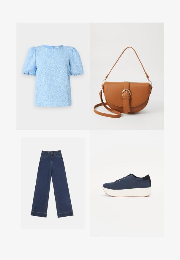 Gaiši zila īsām piedurknēm blūze ar teksturētu ziedu izšuvumu, apaļu kakla izgriezumu un apjomīgām pufta piedurknēm. Aizmugurējā rāvējslēdzēja aizdare.; Platās kājas džinsi tumši zilā denima krāsā. Iespējas: piecas kabatas, siksnu cilpas un neapstrādāta apakša ar redzamām šuvju detaļām.; Navy zilo apavi ar strukturētu auduma augšdaļu, baltu platformas zoli, noapaļotu pirkstu daļu un melnu papēža akcentu. Iekļautas sešas acs caurumi šnuķēšanai.; Brūns ādas plecu soma ar izliekta formu, zelta piederumiem un sprādzes akcentu. Iesaiņota ar noņemamu plecu siksnu.