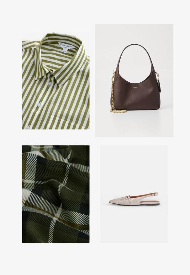 Zelena in bela črtasta kratka majica s kratkimi rokavi, ovratnikom, z gumba navzdol in enim žepom na prsih. Narejena iz gladkega bombažnega blaga.; Tkanina s tkanim karirastim uzorkom u tamnozelenoj, crnoj i bijeloj boji. Tekstura je glatka s mekim, uzorkovanim završetkom.; Svetlo bež slingback čevelj s koničastim nosom, mehak nubuk material, z dvema okrasnima sponkama in nizko, ravno peto.; COACH BROOKLYN SHOULDER BAG 23 - Torbica - maple
