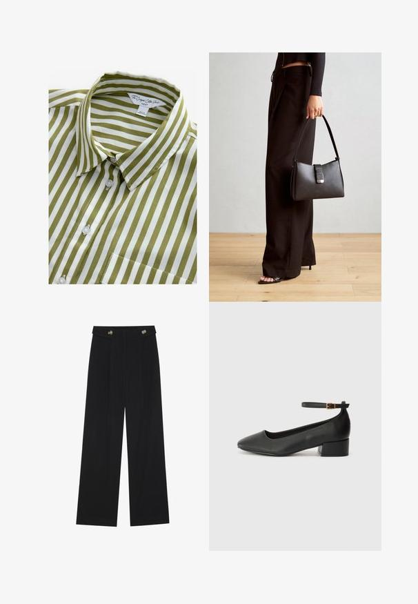 Zelena in bela črtasta kratka majica s kratkimi rokavi, ovratnikom, z gumba navzdol in enim žepom na prsih. Narejena iz gladkega bombažnega blaga.; Črne široke hlače s visokim pasom, gumbnimi detajli na pasu in sprednjimi gubami.; Črne usnjene pumpice z nazobčanimi prsti in nizko blokasto peto. Imajo trak okoli gležnja z zaponko v zlatem tonu. Gladka tekstura.; Črna torbica z strukturirano obliko, gladko teksturo in kovinskim zaponko. Ujemajo se z širokimi črnimi hlačami in odprtimi sandali na lesenem tleh.