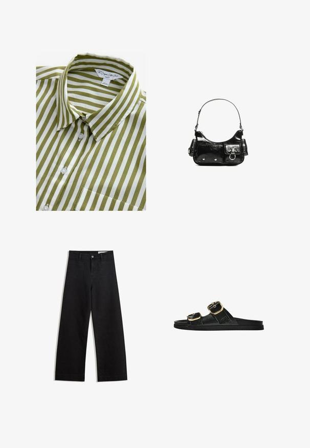 Zelena in bela črtasta kratka majica s kratkimi rokavi, ovratnikom, z gumba navzdol in enim žepom na prsih. Narejena iz gladkega bombažnega blaga.; Črne široke denim hlače z visokim pasom, ki imajo sprednje in zadnje žepe, šivane šive ter gumbasto zapiranje. Gladka tekstura.; Črne drsne sandale z dvema zlatima zaponkama, gladkega materiala, ravnim podplatom in minimalističnim dizajnom.; Črna lakasta usnjena torbica s ukrivljeno obliko, enim ramenskim trakom, sprednjimi žepi in srebrnimi kovinskimi dodatki.