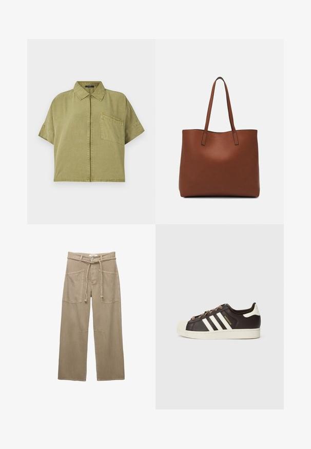 Koszula khaki z krótkim rękawem, z zamkiem z przodu, z ostro zakończonym kołnierzykiem i jedną kieszenią na piersi. Wykonana z bawełny o teksturowanym wykończeniu.; Beżowe spodnie typu wide-leg wykonane z trwałej tkaniny, z dużymi przednimi kieszeniami, plecionym paskiem i subtelnymi detalami przeszycia.; Niskie trampki Adidas Superstar z ciemnobrązowej skóry z kremowym noskiem w kształcie skorupy, białymi paskami i napisem „Superstar” po boku.; Brązowa skórzana torba tote o gładkiej fakturze, z otwartym wierzchem i dwoma ramiączkami. Charakteryzuje się minimalnym przeszyciem i brakiem widocznych elementów metalowych.