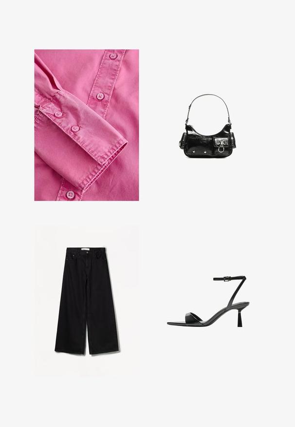 Roza srajca z dolgimi rokavi in gumbnimi manšetami, ki ima gladko teksturo in usklajene svetlo roza gumbe vzdolž sprednje zanke.; Bershka WIDE-LEG - Široke hlačnice - black; Bershka Sandali z visoko peto - black; Črna lakasta usnjena torbica s ukrivljeno obliko, enim ramenskim trakom, sprednjimi žepi in srebrnimi kovinskimi dodatki.