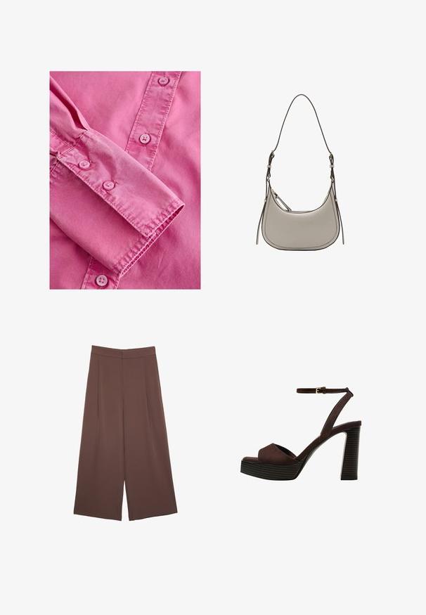 Rosa Langarmhemd mit geknöpftem Manschette, das eine glatte Textur aufweist und passende hellrosa Knöpfe entlang der Vorderblende hat.; Braune Weite-Leg-Hosen mit einer glatten Textur, hoher Taille und Vorderfalten. Der Stoff ist leicht und fällt locker.; Braune Wildleder-Pumps mit offenem Zeh, verstellbarem Knöchelriemen und gestreiftem Plateausohlen.; Mango Umhängetasche - off-white