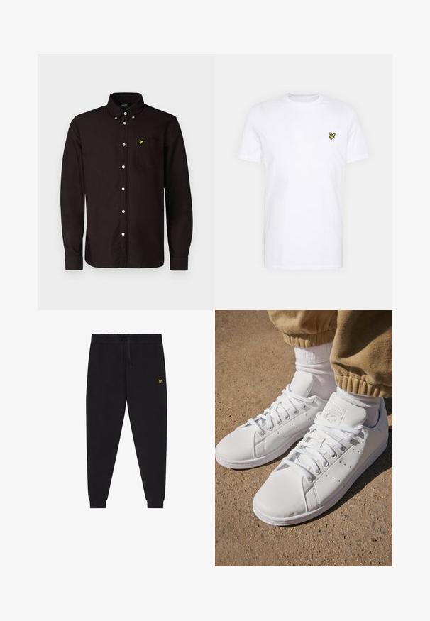 Lyle & Scott PLAIN - Vapaa-ajan kauluspaita - sediment; Valkoinen puuvillapaita, jossa on pieni musta ja keltainen brodeerattu logo vasemmassa rintapielessä. Lyhyet hihat ja pyöreä kaula-aukko.; Musta lenkkihousut, joissa on joustava vyötärönauha ja kiristysnauha, kapeutetut lahkeet kalvosimilla sekä pieni keltainen kirjailtu logo oikeassa reidessä.; Valkoiset nahkakengät, joissa on sileä pinta, klassinen nauhakiinnitys, reikärakenteet hengittävyyden parantamiseksi ja karkea kumipohja.