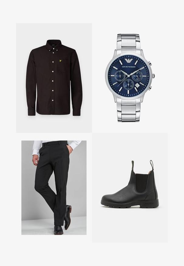 Lyle & Scott - Koszula; Czarne spodnie wizytowe o dopasowanym kroju, z gładką teksturą, prostymi nogawkami i pętelkami na pasek, w zestawie z wypolerowanymi czarnymi butami wizytowymi.; Czarne skórzane botki Chelsea z elastycznymi bokami, pętelką do zakładania, wytrzymałą gumową podeszwą i widocznymi szwami. Gładka tekstura na całej powierzchni.; Emporio Armani Zegarek chronograficzny