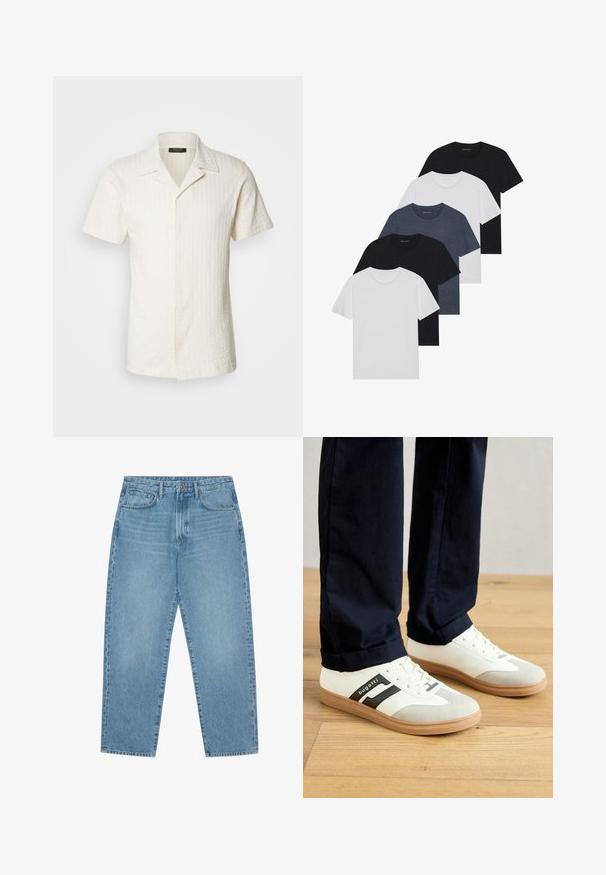 Korte mouwen, overhemd met kraag in off-white gestructureerde stof, met een verticaal streeppatroon en een volledige knoopsluiting.; Set van vijf t-shirts in zwart, wit en marineblauw. Katoenen stof, korte mouwen, ronde halsontwerp en een effen textuur zonder patronen.; Lichtblauwe denim wijde jeans met een hoge taille, voorzien van vijf zakken, riemlusjes en een zachte, licht vervaagde textuur.; Witte en grijze sneakers met zwarte strepen, gemaakt van leer, met een rubberen zool en platte veters. Draagt ze met marineblauwe broek op een houten vloer.