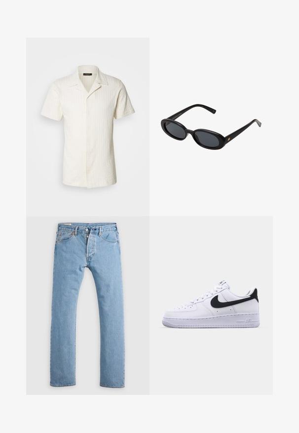 Koszula z krótkim rękawem, z kołnierzykiem, w kolorze off-white z teksturowanej tkaniny, z pionowym wzorem w paski oraz pełnym zapięciem na guziki.; Jasnoniebieskie dżinsy prostego kroju z zapięciem na guziki, szlufkami na pasek oraz przednimi i tylnymi kieszeniami, zaprezentowane na białym tle.; Białe skórzane sneakersy z teksturowanym czarnym Swooshem, płaskimi sznurowadłami i gumową podeszwą z żłobionym wzorem. Na pięcie wytłoczone jest słowo "AIR".; Czarne, oversize okulary przeciwsłoneczne z owalnymi soczewkami, gładkim plastikowym mostkiem i złotymi akcentami na zausznikach. Ciemne soczewki zapewniają ochronę przed słońcem.
