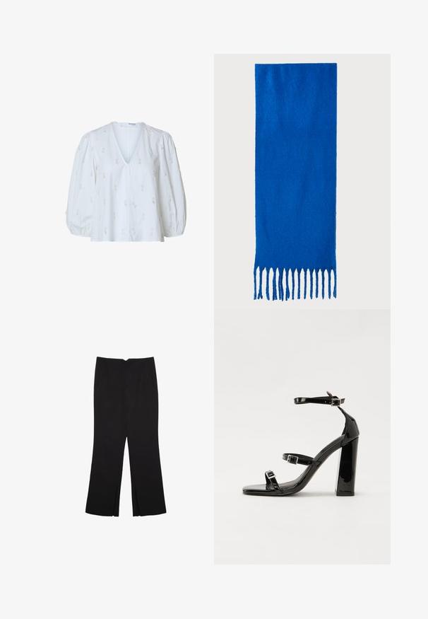 Biela blúzka s hlbokým V-výstrihom, vyp puffovanými rukávmi a zložitou kvetinovou výšivkou po celom povrchu. Ľahká tkanina s hladkou textúrou.; Čierne nohavice so strihom rovného strihu, s prednými vreckami a bočnými rozparkami na leme. Vyrobené z mäkkej, hladkej tkaniny. Vhodné na rôzne príležitosti.; Čierne lakované sandále na vysokom opätku s dvoma prackami, štvorcovou špičkou a hrubým blokovým opätkom, s hladkou, lesklou textúrou.; Modrý šál s franjami vyrobený z mäkkej tkaniny; má jednofarebný dizajn s textúrovaným povrchom a rovnomerne strihanými franjami na spodnej strane.