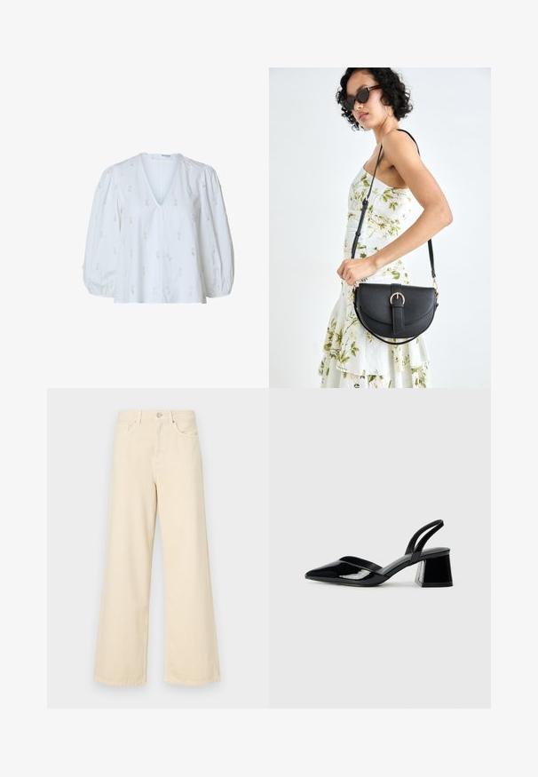 Fehér blúz mély V-kivágással, puffos ujjal és bonyolult virágmintával az egész felületen. Könnyű anyag sima textúrával.; Bézs, széles lábú farmernadrág, pamutból készült. Gombos záródással, övhurkokkal és elülső zsebekkel rendelkezik, sima, puha tapintással.; Fekete lakk bőr szandálkés magas sarkú cipő, hegyes orral és geometrikus tömbsarkakkal. Karcsú, minimalista dizájn és sima textúra jellemzi.; Fekete bőrtáska ívelt formával, levehető pánttal és arany színű fémrészekkel. A táskán egy csattal díszített fedél található.