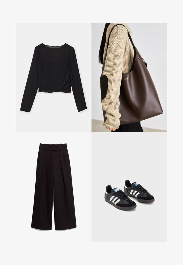 Haut noir à manches longues cropped fabriqué en tissu léger avec une texture lisse, présentant un col rond simple et un minimum de détails.; Pantalons larges noirs en tissu lisse, avec taille haute, passants de ceinture et deux poches avant. Le design plissé ajoute de la texture.; Des baskets noires avec une tige en suède et en matériaux synthétiques, dotées de trois rayures blanches, d'une semelle en caoutchouc texturé et d'une étiquette de logo bleue sur la languette.; Sac tote en cuir marron au design spacieux. Présente une texture lisse et un logo doré subtil. Associé avec un pull en tricot crème.