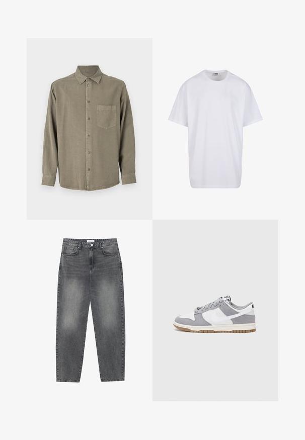 Camisa de manga larga y botonada en tejido verde oliva. Presenta un bolsillo en el pecho, cuello clásico y puños abotonados. Textura suave con un ajuste relajado.; Camiseta blanca de algodón con mangas cortas, cuello redondo, corte relajado y sin logotipos ni patrones visibles. Textura suave y diseño minimalista.; Jeans de cintura alta y corte holgado en denim negro desgastado. Con cinco bolsillos, pasadores para el cinturón y un diseño de pierna recta y limpia.; Zapatilla gris y blanca con parte superior de ante y cuero, puntera redondeada, cordones planos y suela de goma con un acento de goma.