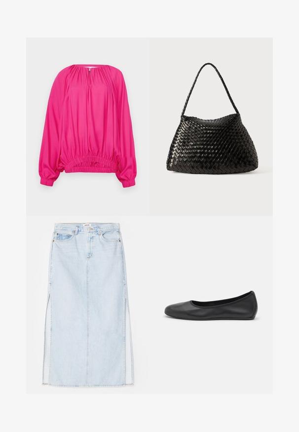 Fuksijas krāsas garās piedurknes blūze ar izplestu kakla izgriezumu un elastīgu apakšmalu; gluda auduma, brīvas un atvieglinātas formas.; Balts kokvilnas T-krekls ar apaļu kakla izgriezumu un īsām piedurknēm, tam ir brīvs piegriezums un minimālistisks dizains. Vēl redzama birka pie kakla.; Gaiši zilā denima maksi svārki ar taisnu griezumu, ar sānu šķēlēm un piecu kabatu dizainu. Izteikta izšūšana un metāla pogas aizdare.; Melna ādas baleta kurpe ar noapaļotu purngalu, gludu tekstūru, minimālu šuvju detalizāciju un elastīgu zoles dizainu.; Melnā austā ādas rokassoma ar izliekta, mīksta forma un vienu pītā josta, kurai ir gluda tekstūra un sarežģīts raksts.