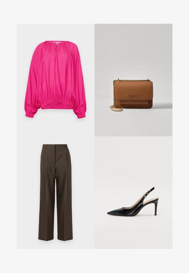 Blusa fúcsia de mangas longas com decote franzido e bainha elástica; tecido suave com um corte solto e descontraído.; Calças largas castanhas com uma textura suave, apresentando uma cintura alta, pregas frontais e um design ajustado. Sem bolsos visíveis ou embellishments.; Sandal com salto em verniz preto, bico fino, salto esguio e um design de recorte subtil. Apresenta uma fivela dourada na alça.; Bolsa crossbody de couro texturizado castanho com alça de corrente dourada e fecho com aba. A parte da frente apresenta detalhe do logótipo e um bolso sob a aba.