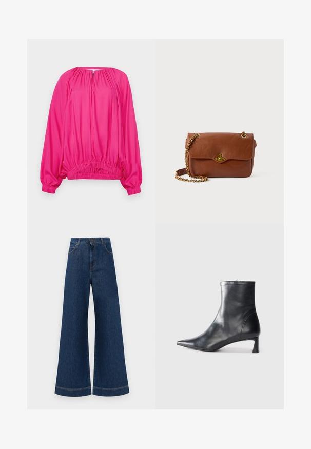 Fuchsia long-sleeve blouse with a gathered neckline and elastic hem; smooth fabric with a loose, relaxed fit.; Wide-leg blue denim jeans with a high waist, featuring a button closure, belt loops, and subtle stitching details along the pockets and hems.; Black leather ankle boot with a pointed toe and a sleek design. Features a low heel and a zipper closure at the back. Smooth texture.; Brown leather crossbody bag with a flap closure, gold hardware, and a chain strap. Smooth texture, rectangular shape, minimal detailing.