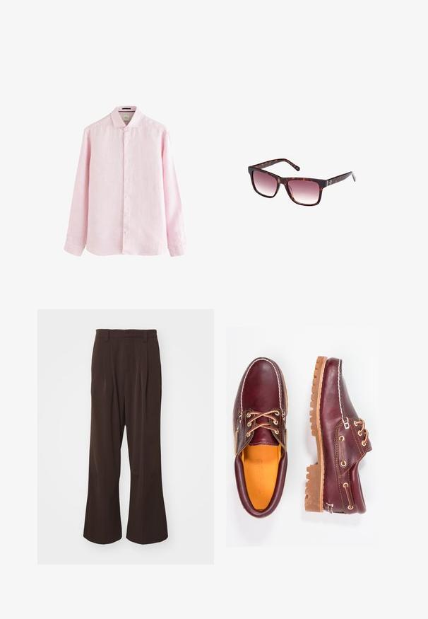 Vaaleanpunainen pitkähihainen paita, joka on valmistettu pellavasta. Paidassa on nappikaulus, etupaneelissa valkoiset napit ja hieman kaareva helma.; Ruskeat leveät housut korkealla vyötäröllä, joissa on etupleikkeet ja vyölenkit, valmistettu sileästä ja kevyestä kankaasta.; Burgundin nahkakengät ruskeilla kumipohjilla, pyöreällä kärjellä, valkoisella ompelulla ja kultaisilla nauha-aukkoilla. Sisäpuolella on keltainen vuori.; Kilpikonnakuosis aurinkolasit, joissa on suorakulmainen kehys, gradienteilla varustetut linssit ja paksut varret, joissa on hienovarainen logo. Sujuva pinta, moderni muotoilu.