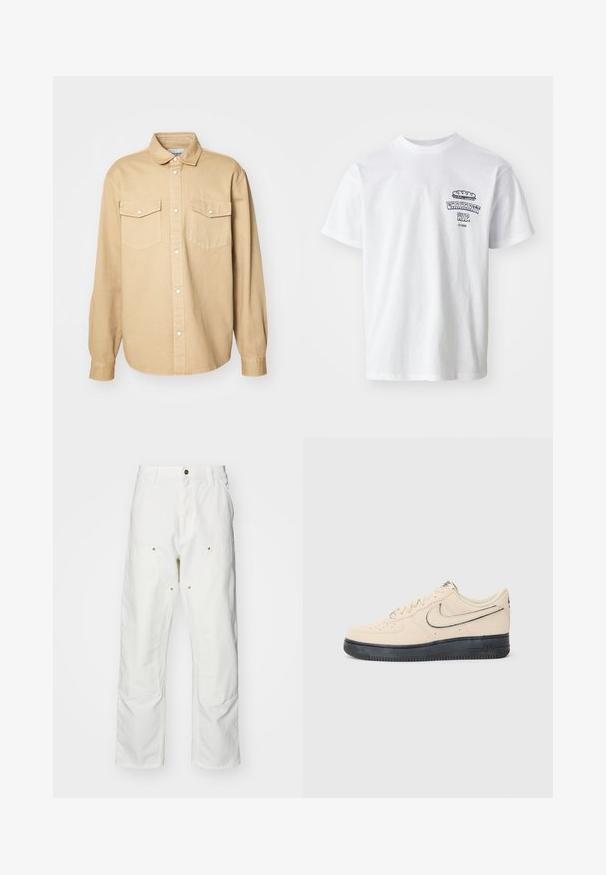 Kreminės spalvos krūtinės mygtukų marškiniai, pagaminti iš medvilnės, su klasikiniu apykakle, dviem krūtinės kišenėmis ir ilgomis rankovėmis su mygtukais.; Balta medvilninė marškinėliai trumpomis rankovėmis, apvaliu iškirpimu ir grafiniu spaudiniu, kuriame užrašas "Carhartt WIP" ir maisto iliustracija ant krūtinės.; Balti medvilniniai kargo džinsai su laisvu siluetu. Ypatybės apima priekines kišenes, auksinius apdailos elementus ir sustiprintas kelio dalis.; Bežiniai zomšiniai Nike Air Force 1 sportbačiai su juodu guminio pado, siuvinėjimais, perforuotu pirštu ir išsikišusiu swoosh logotipu.