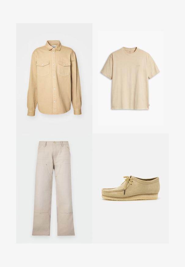 Camisa beige de botones hecha de algodón, con un collar clásico, dos bolsillos en el pecho y mangas largas con puños abotonados.; Camiseta de algodón beige con cuello redondo y mangas cortas. Presenta un sutil logotipo de "Levi's" en el mismo color en el pecho. Textura suave.; Pantalones de algodón beige con un diseño de pierna recta, que cuentan con dos bolsillos frontales y dos detalles con cremallera. Destacados herrajes en tono dorado.; Zapato de ante beige con diseño de cordones, detalles cosidos y suela de goma. La forma es casual con un ligero tacón en cuña.