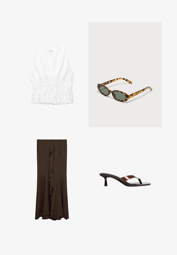 Weißes ärmelloses Oberteil mit tiefem V-Ausschnitt, gerafftem elastischen Bund und fransigem Saum. Aus leichtem, strukturiertem Stoff gefertigt.; Brauner, bodenlanger Rock aus weicherm Stoff mit einer zentralen Rüsche, der ein sauberes, einfaches Design und eine glatte Textur aufweist.; Stradivarius Zehentrenner - brown; Schildpatt-Sonnenbrille mit ovalen Rahmen, dunklen grünen Gläsern und schlanken Bügeln. Mit einem dezenten Logo auf dem Bügel.; Braune Leder-Crossbody-Tasche mit einer Schnalle aus goldfarbenem Metall, rechteckiger Form, glatter Textur und einem abnehmbaren Tragegurt.