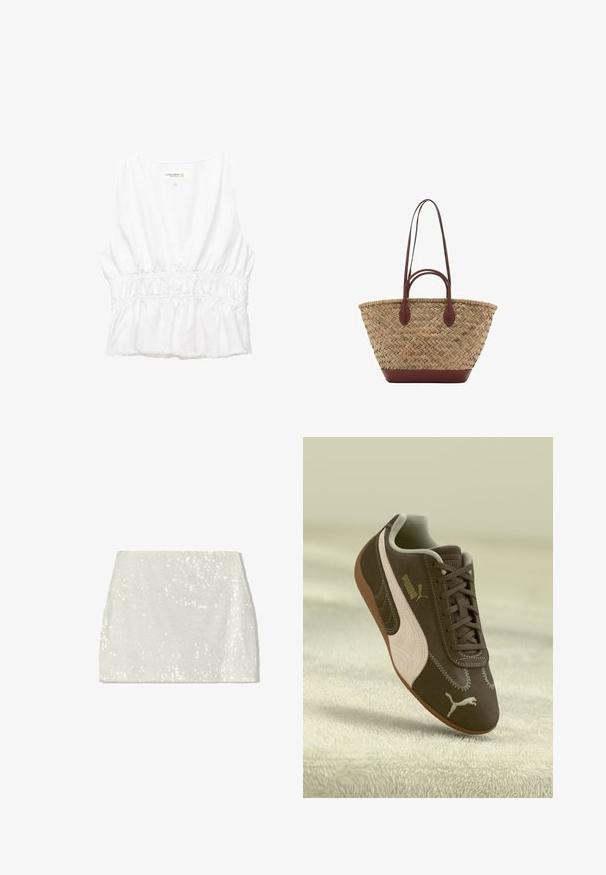 Weißes ärmelloses Oberteil mit tiefem V-Ausschnitt, gerafftem elastischen Bund und fransigem Saum. Aus leichtem, strukturiertem Stoff gefertigt.; Bershka A-Linien-Rock - white; Braune Puma-Sneaker mit beiger Streifen und Logo, geschnürt, auf einer strukturierten beigen Oberfläche ruhend.; Geflochtene Strohttasche mit geflochtener Textur, dunkelbraunen Ledergriffen und Boden, breiter runder Form und offenes Oberteil.