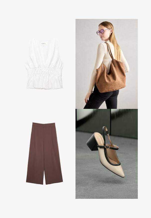 Bielo bezrukávové tričko s hlbokým V-výstrihom, zúženým elastickým pásom a obrušeným lemom. Vyrobené z ľahkej, texturovanej látky.; Hnedé nohavice so širokými nohavicami a hladkou textúrou, s vysokým pásom a prednými skladmi. Tkanina je ľahká a voľne sa pohybuje.; Béžová lodička so špicatou špičkou, s čiernym lemom, zlatou prackou a robustným blokovým podpätkom na šedom podlahe s tmavozeleným pozadím.; Hnedá semišová taška na rameno s mäkkou textúrou, veľkým otvorom a dlhými popruhmi. Má jednoduchý dizajn s viditeľným šitím a bez kovových prvkov.