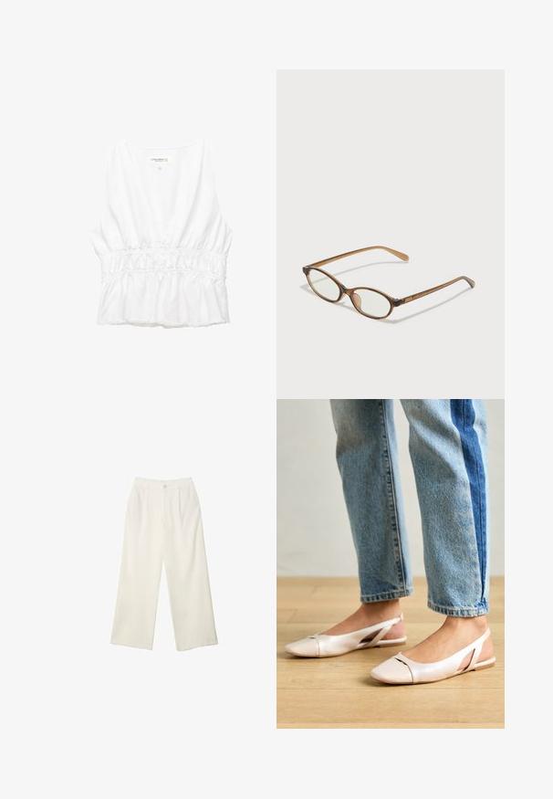 Valkoinen hihaton toppi, jossa on syvä V-kaula-aukko, rypistetty joustava vyötärö ja risatetut helmat. Valmistettu kevyestä, teksturoidusta kankaasta.; Kermanhousut vaaleassa kankaassa, jossa on sileä rakenne, yksittäinen etunappi, hienovaraiset laskokset ja korkea vyötärömuotoilu.; Vaaleanpunaiset slingback-ballerinat, joissa on terävä kärki, valmistettu sileästä nahkamaisesta materiaalista. Sivujen leikkuuyksityiskohdat ja tasapohja.; Ruskeat kilpikonnaruutulasiset silmälasit, joissa ovaalit linssit, ohuet varret ja läpinäkyvät yksityiskohdat. Temppeleissä on huomaamaton logo. Suunnittelultaan suora ja kevyt.; Valkoinen rakenteellinen käsilaukku, jossa on lyhyet kahvat ja olkahihna, varustettu kultaisilla metalliosilla ja tekstuurilla, esillä harmaata taustaa vasten.