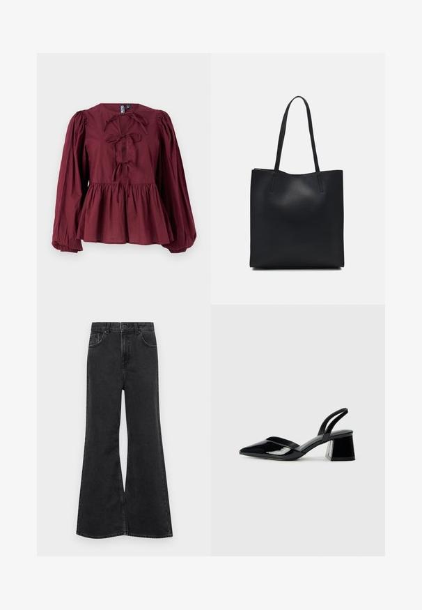 Μπορντό μπλούζα με μακριά μανίκια από ελαφρύ ύφασμα, στρογγυλή λαιμόκοψη, λεπτομέρειες με κόμπο μπροστά, συγκεντρωμένη μέση και φουσκωτά μανίκια.; Μαύρα τζιν με φαρδιά μπούτια και ψηλή μέση, διαθέτουν πέντε τσέπες, διακριτές ραφές και κλείσιμο με κουμπί μπροστά.; Μαύρα πατεντέ δερμάτινα γοβάκια slingback με μυτερή μύτη και γεωμετρικό τακούνι. Έχουν κομψό, μινιμαλιστικό σχέδιο και λεία υφή.; Μαύρη δερμάτινη τσάντα tote με λείο υφή, ορθογώνιο σχήμα και δύο μακριές λαβές. Χωρίς ορατό υλικό ή διακοσμητικά στοιχεία.