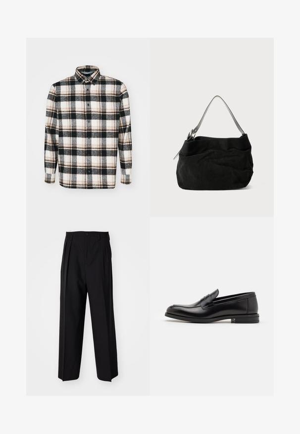 Flanellhemd mit einem schwarz-weißen-grauen Karomuster und braunen Akzenten. Lange Ärmel, durchgehende Knopfleiste und klassischer Kragen.; Schwarze, plissierte Hose mit geradem, weitem Bein. Hergestellt aus glattem Stoff, mit Knopfverschluss und Gürtelschlaufen.; Schwarze Lederloafers mit glatter Textur, rundem Zehenbereich und einem dekorativen Riemen über dem Vorderfuß. Niedriger, gestapelter Absatz, minimalistisches Design.; Schwarze Wildledertasche mit einem weichen, lässigen Design. Verfügt über einen dünnen, glatten Leder-Schulterriemen und dezente Nähte.